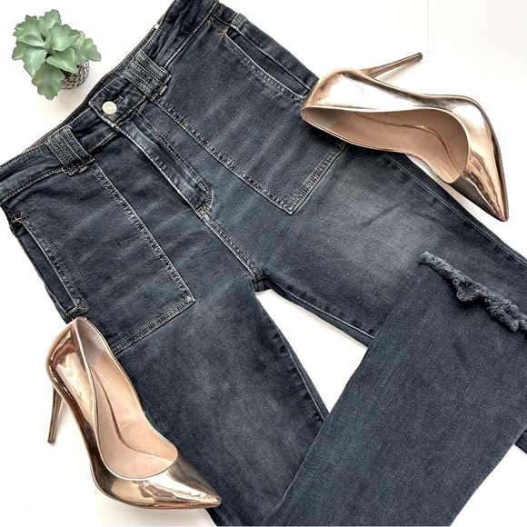 Anthropologie Pilcro The Icon Dark Wash High Rise Flare Jeans Patch Pocket 28 - Picture 1 of 15